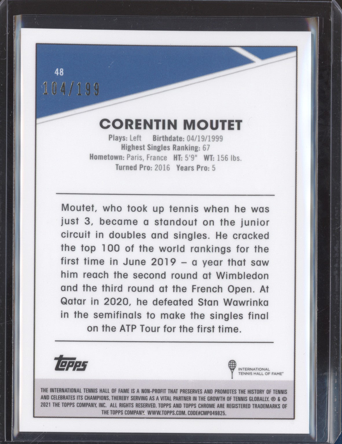 Corentin Moutet 2021 Topps Chrome Tennis 48 Purple Wave 104/199