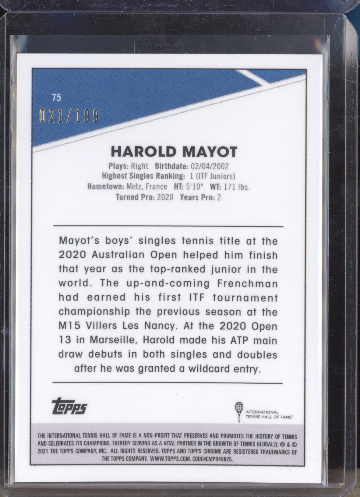 Harold Mayot 2021 Topps Chrome Tennis 75 Purple Wave 21/199