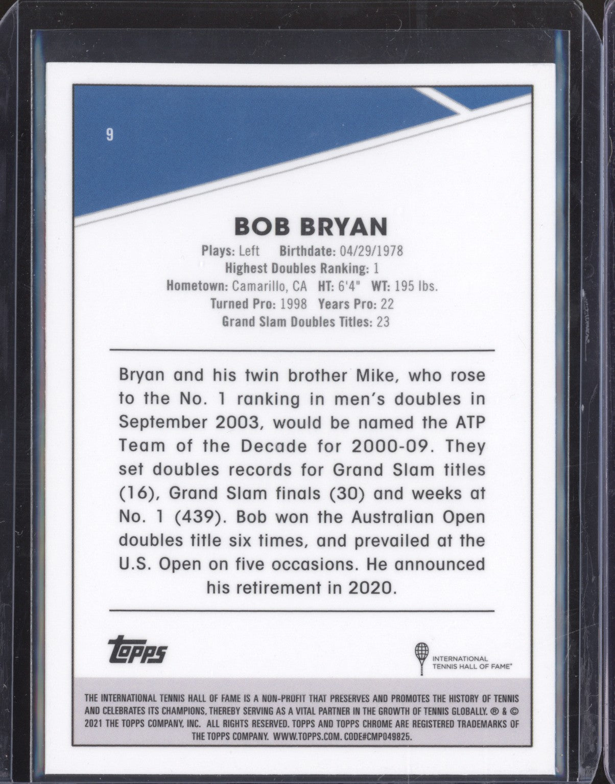 Bob Bryan 2021 Topps Chrome Tennis 9 Clay Court