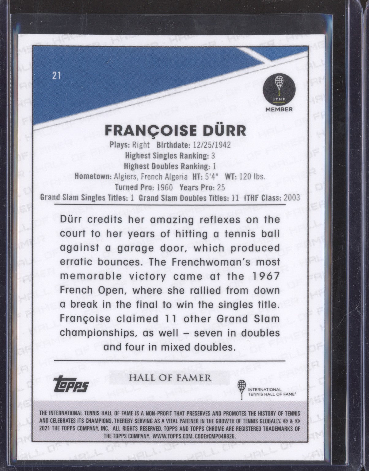 Francoise Durr 2021 Topps Chrome Tennis 21 Clay Court