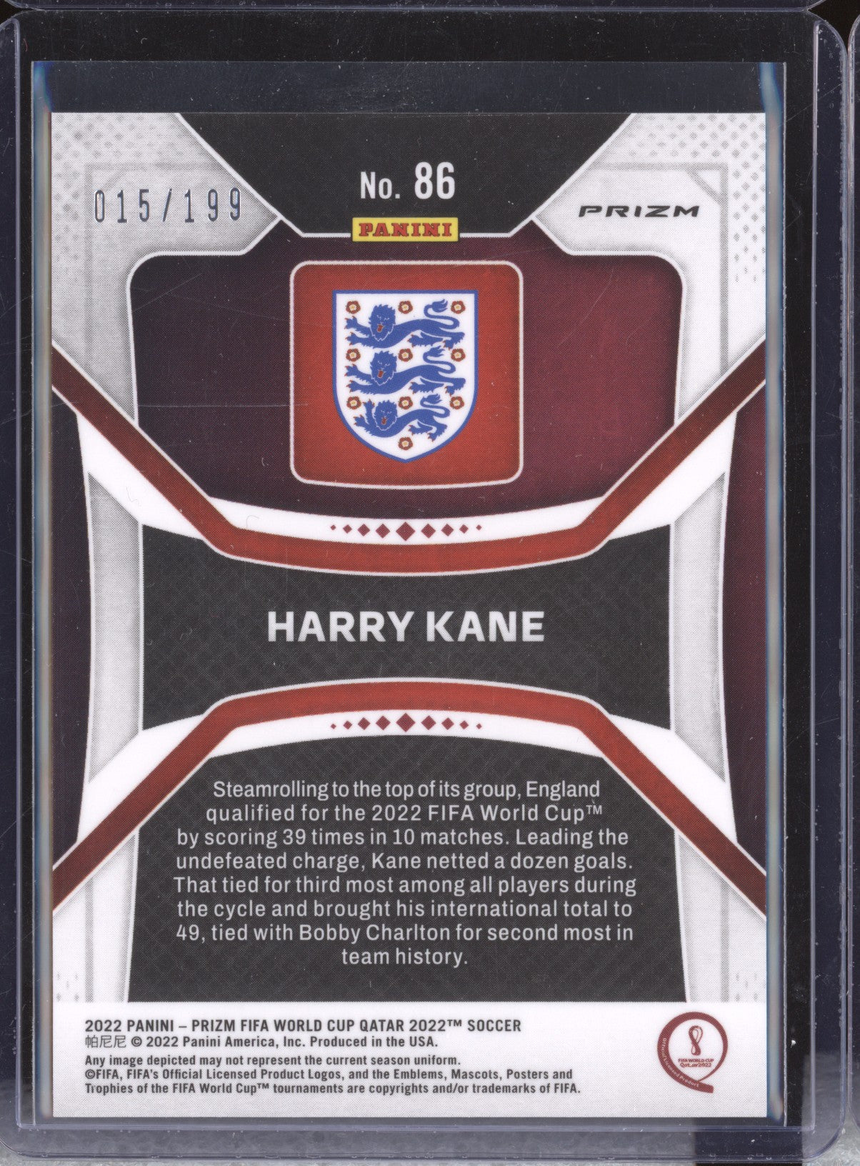 Harry Kane 2022 Panini Prizm World Cup 86 Purple 15/199