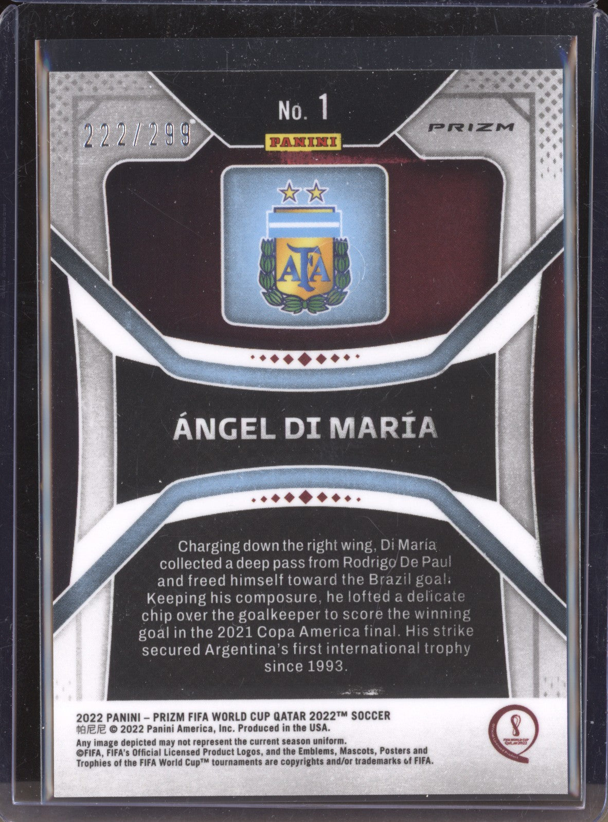 Angel Di Maria 2022 Panini Prizm World Cup 1 Blue 222/299