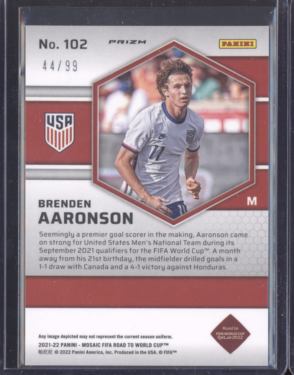 Brenden Aaronson 2022 Panini Mosaic RTWC 102 Blue 44/99