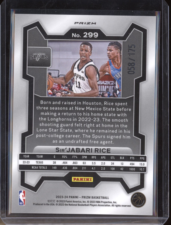 Sir'Jabari Rice 2023-24 Panini Prizm 299 White  RC 58/175