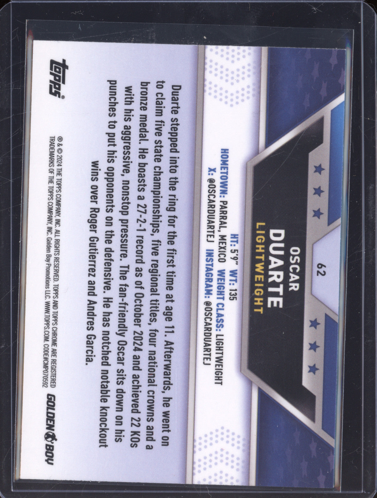 Oscar Duarte 2024 Topps Boxing Chrome 62 Glove Logo Refractor 01/75