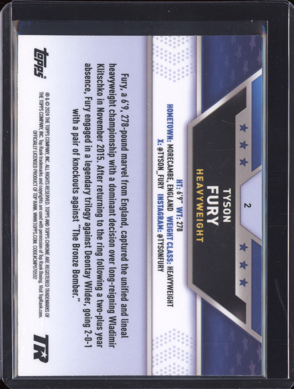 Tyson Fury 2024 Topps Boxing Chrome 2 Blue Refractor 123/125