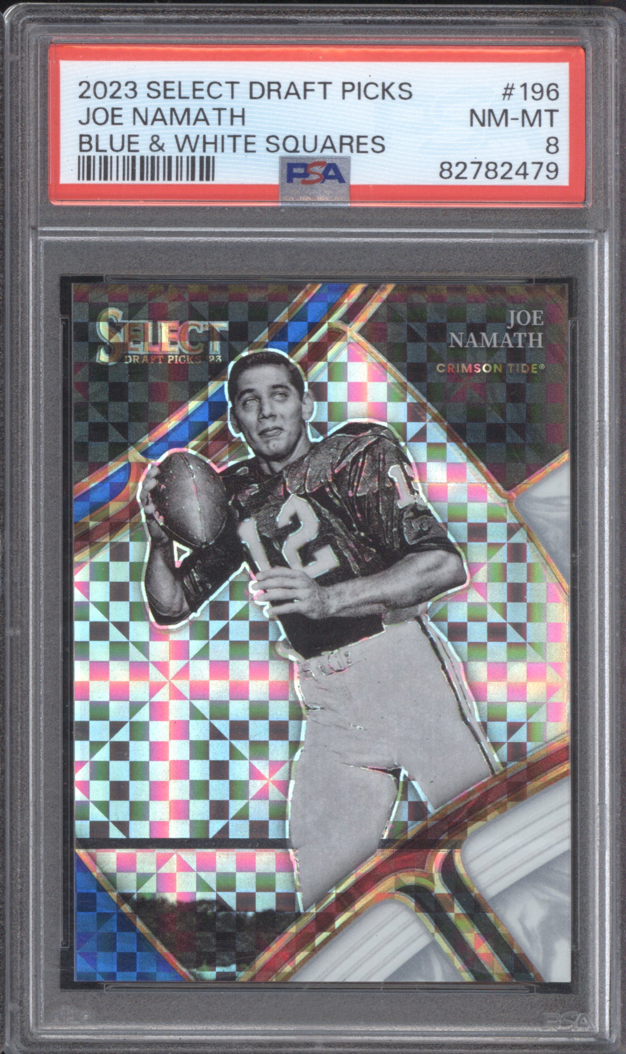 Joe Namath 2023 Panini Select Draft Picks #196 Blue & White Squares 78/100 PSA 8