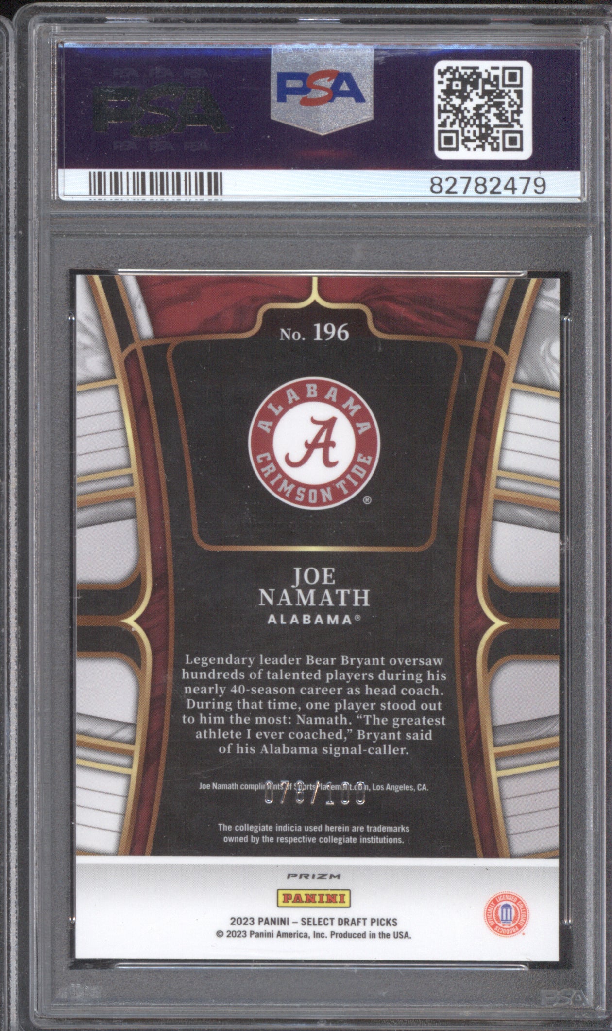 Joe Namath 2023 Panini Select Draft Picks #196 Blue & White Squares 78/100 PSA 8