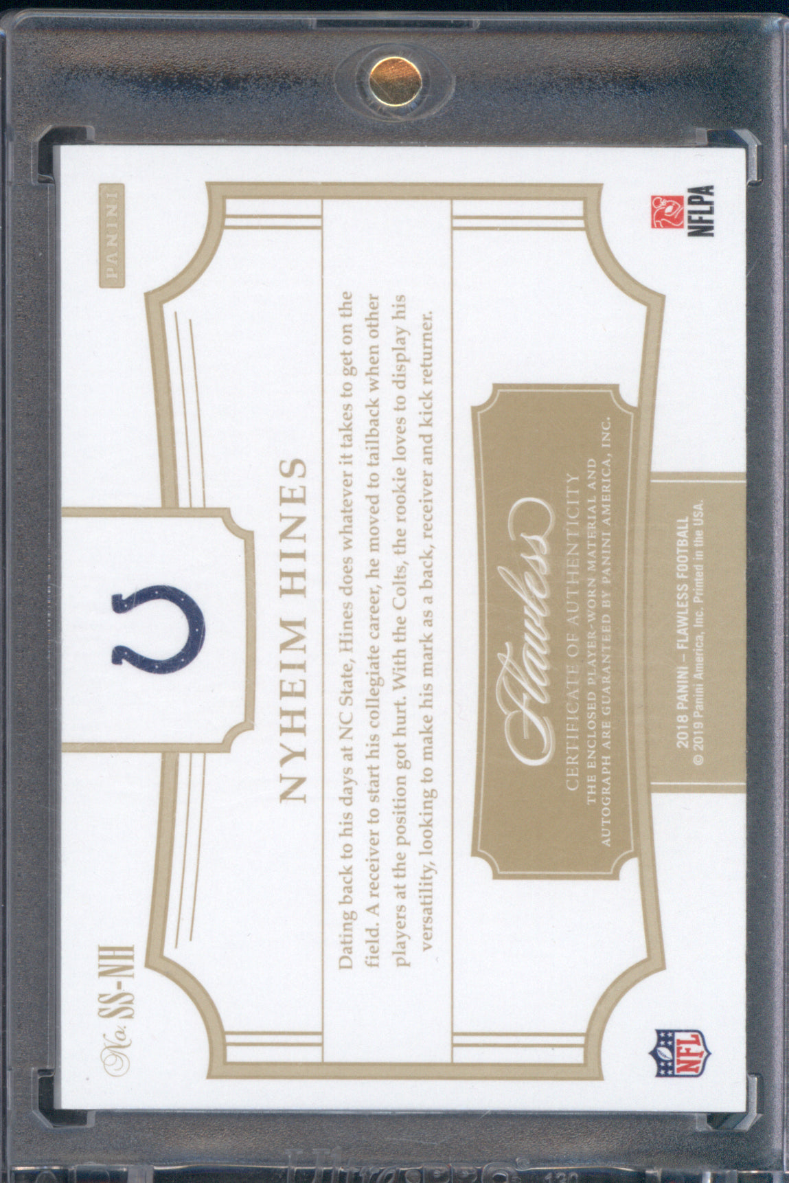 Nyheim Hines 2018 Panini Flawless Symbolic Signatures 1/1 RC Laundry Tag