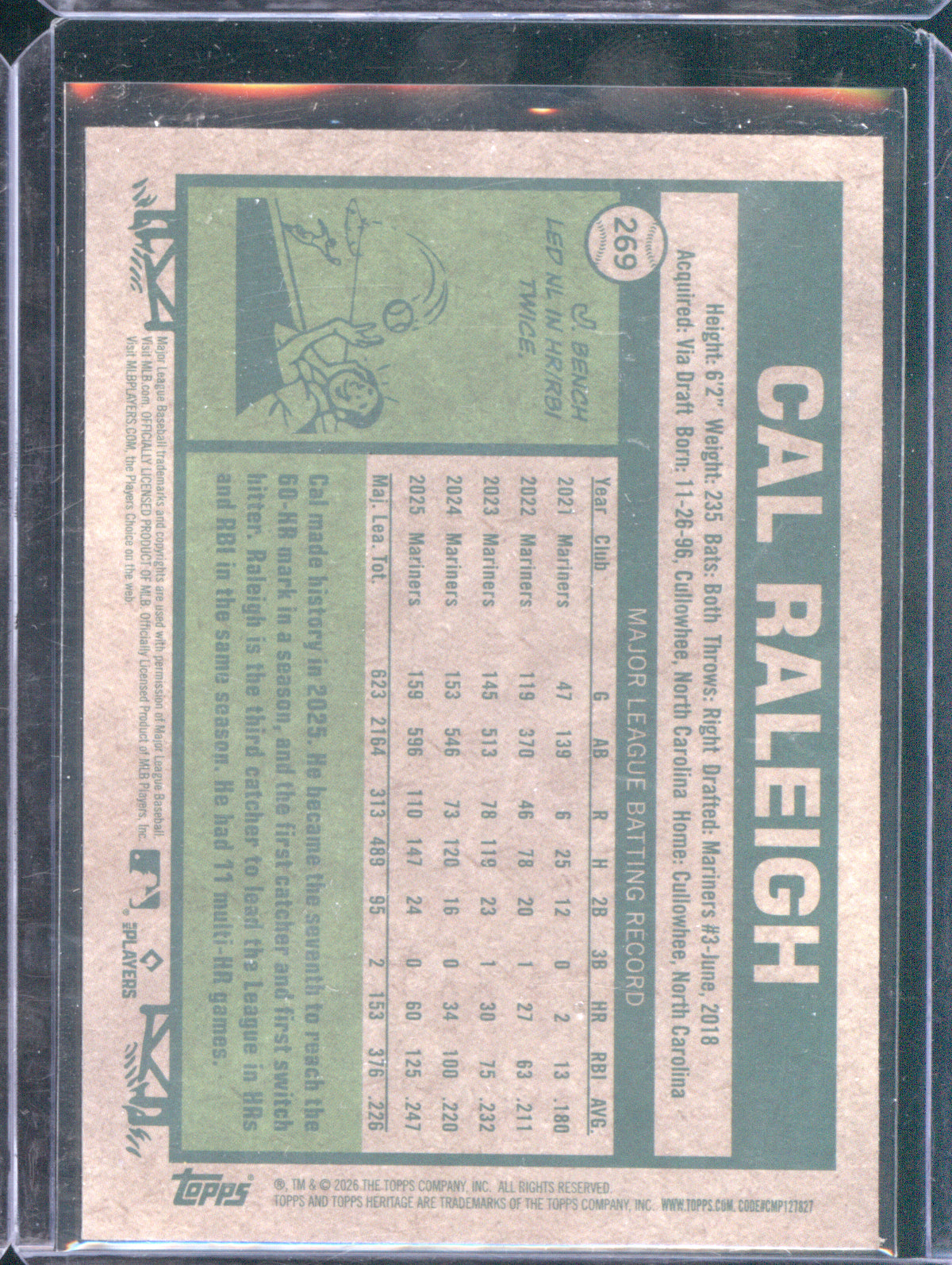 Cal Raleigh 2026 Topps Heritage #269 AL All-Stars Chrome Black Refractor 6/77