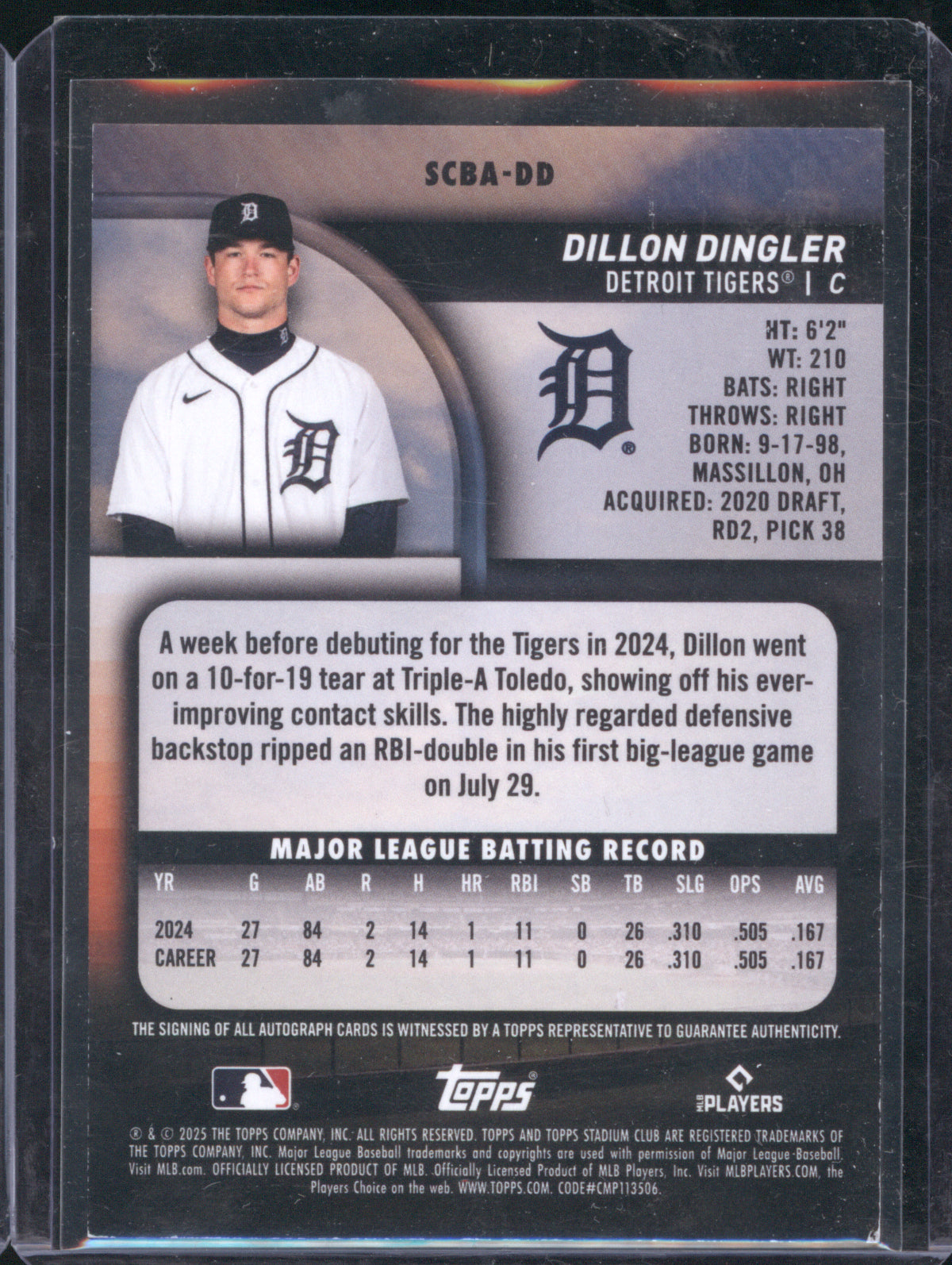 Dillon Dingler 2025 Topps Stadium Club Base Auto