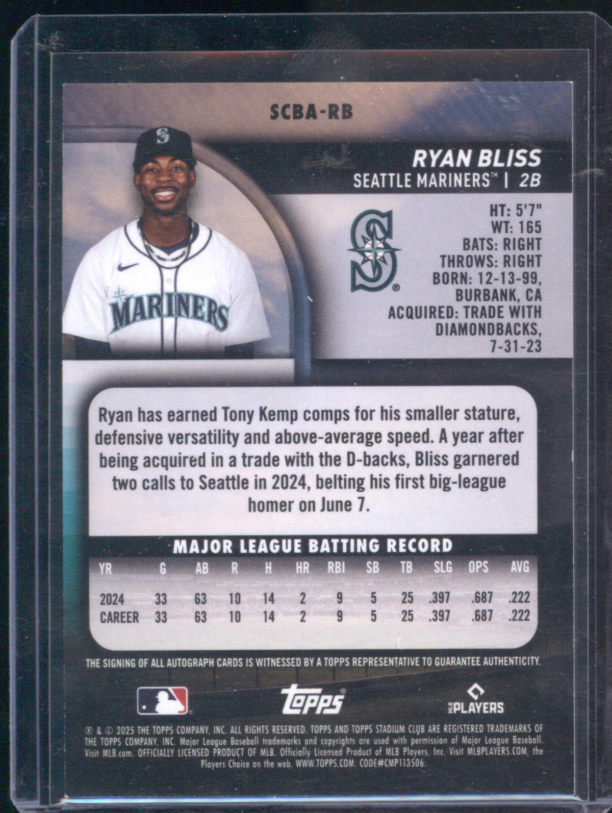 Ryan Bliss 2025 Topps Stadium Club Yellow Foil Auto