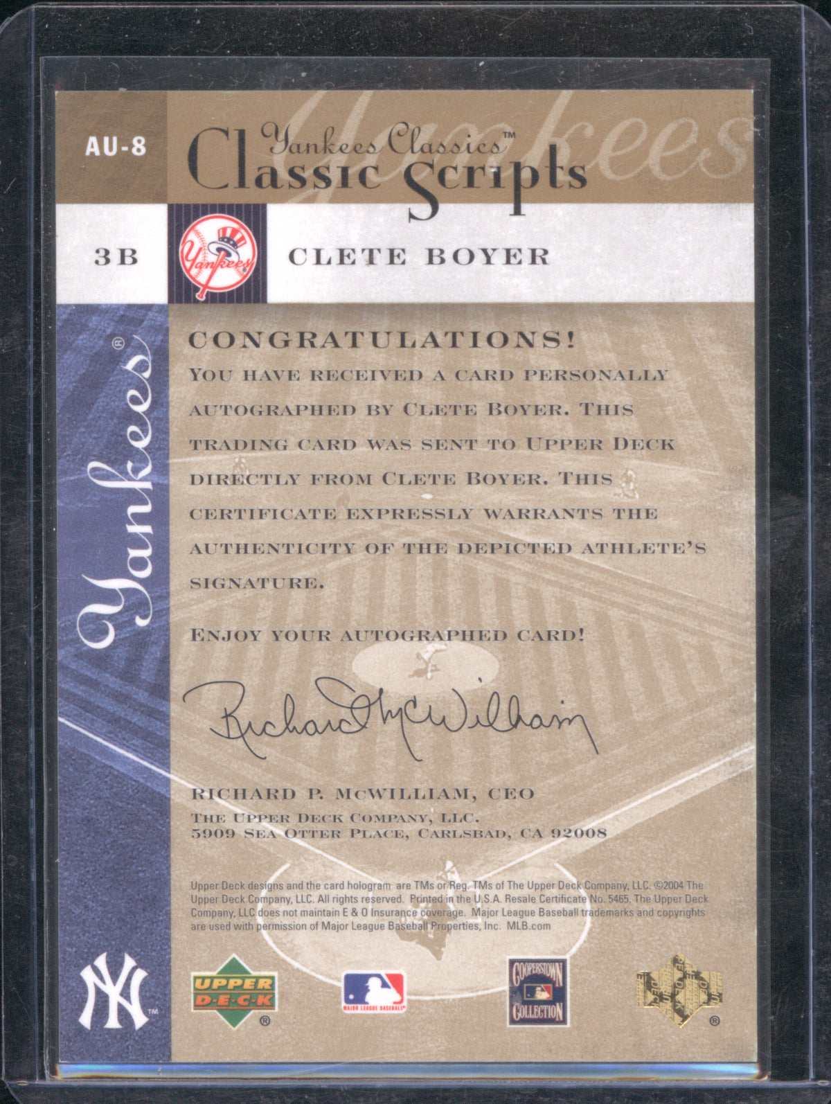 Clete Boyer 2004 Upper Deck Classic Scripts Auto