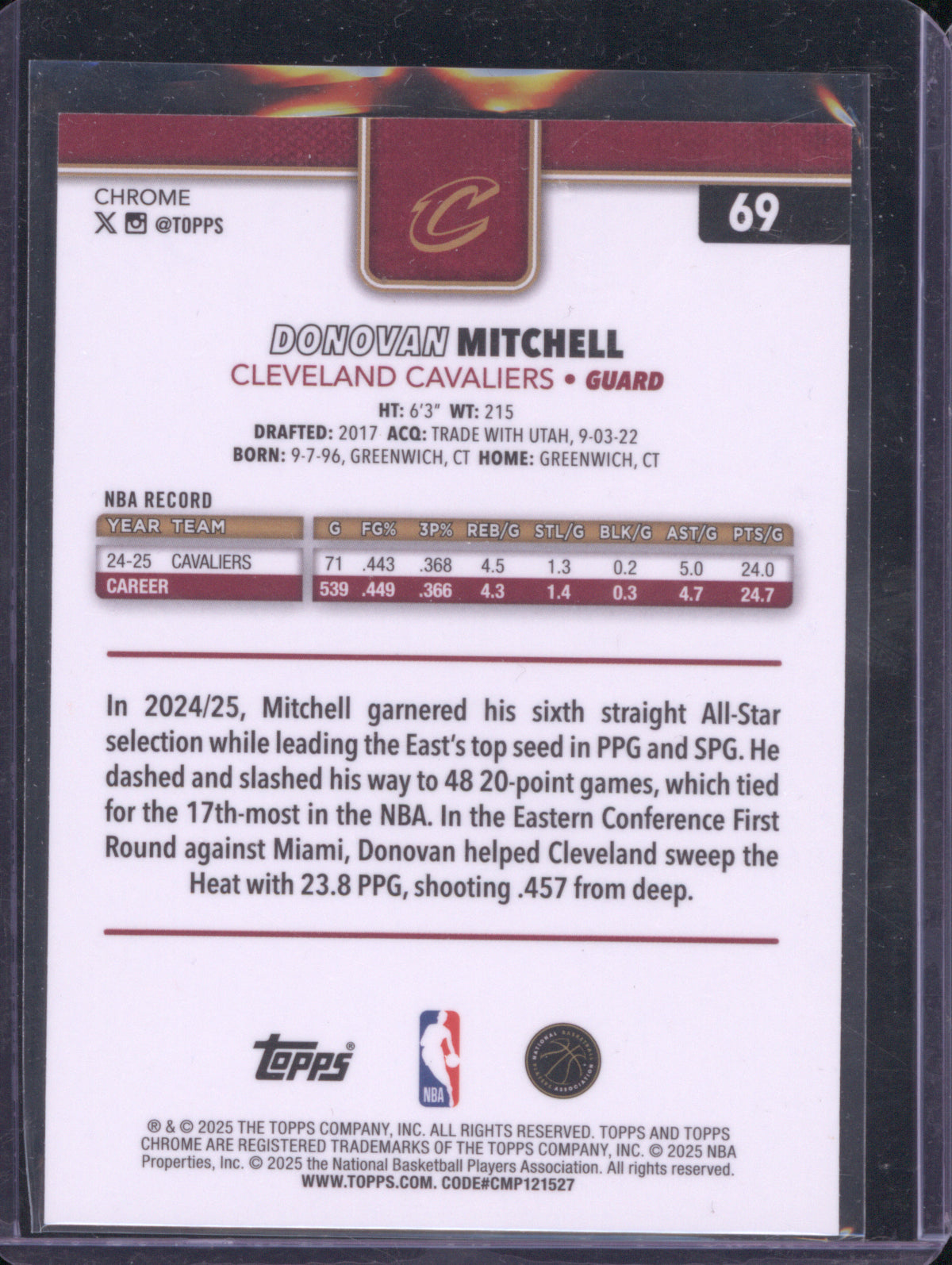 Donovan Mitchell 2025 Topps Chrome #69 Green Basketball refractor 78/99