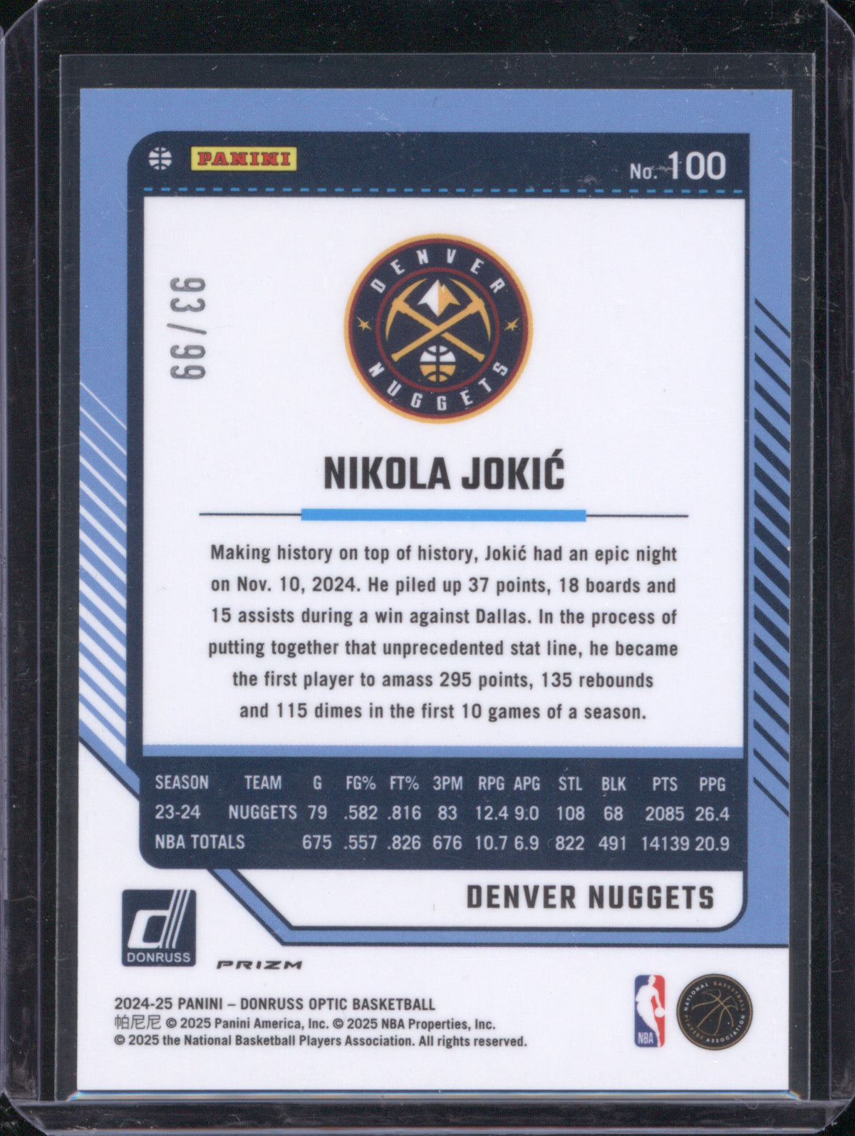 Nikola Jokić 2024 Donruss Optic Purple Fast Break 93/99