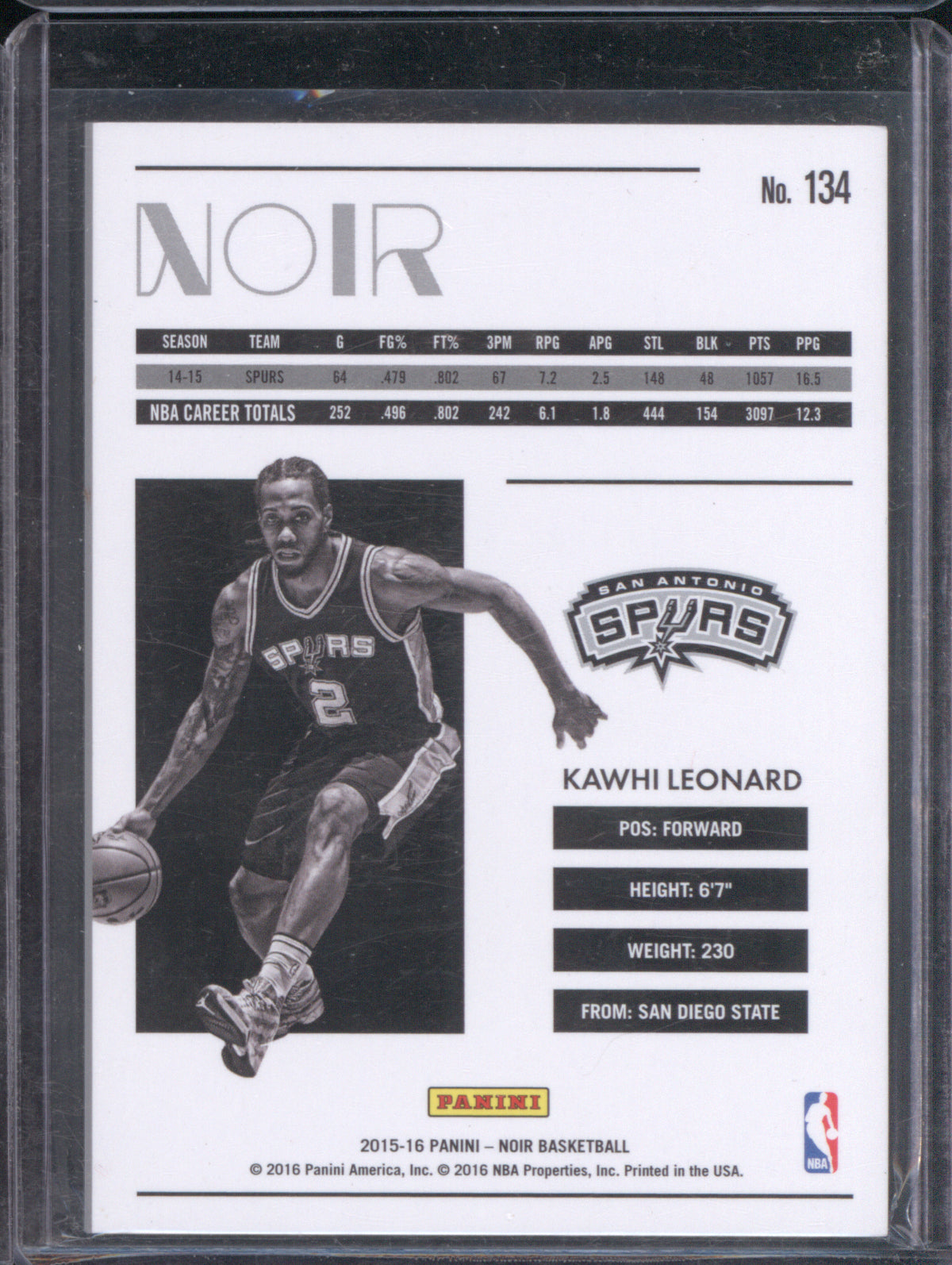 Kawhi Leonard 2015 Panini Noir 134 Base 09/99