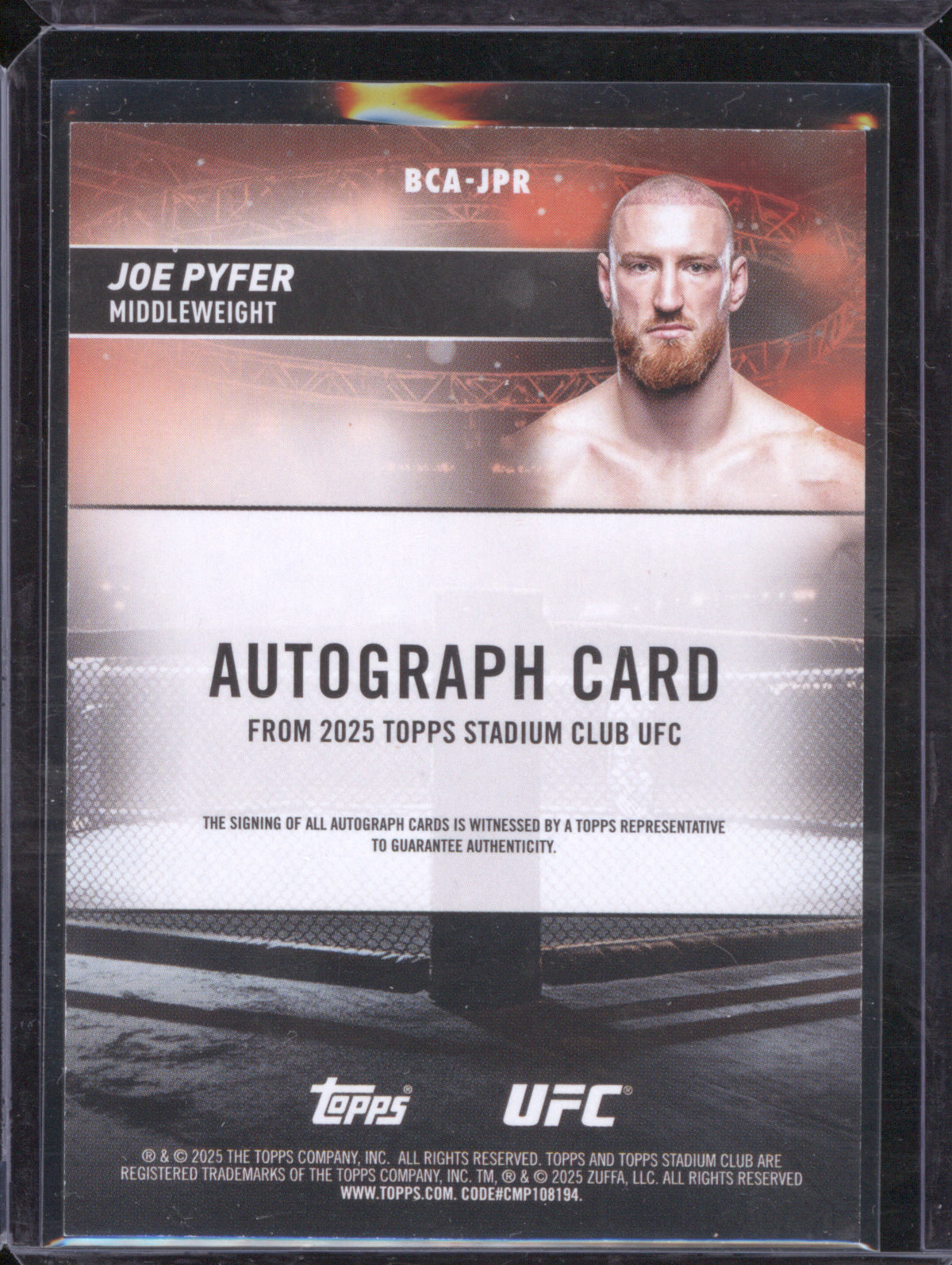 Joe Pyfer 2025 UFC Topps Stadium Club #BCA-JPR Base Autographs Black /25