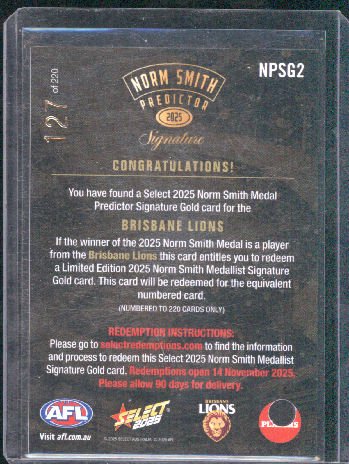 Will Ashcroft 2025 AFL Select Footy Stars Norm Smith Medallist Signature NPSG2 127/220