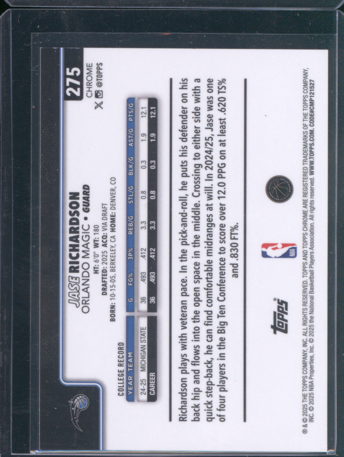 2025 Topps Chrome 225 Jase Richardson Green Variation 2/99 RC