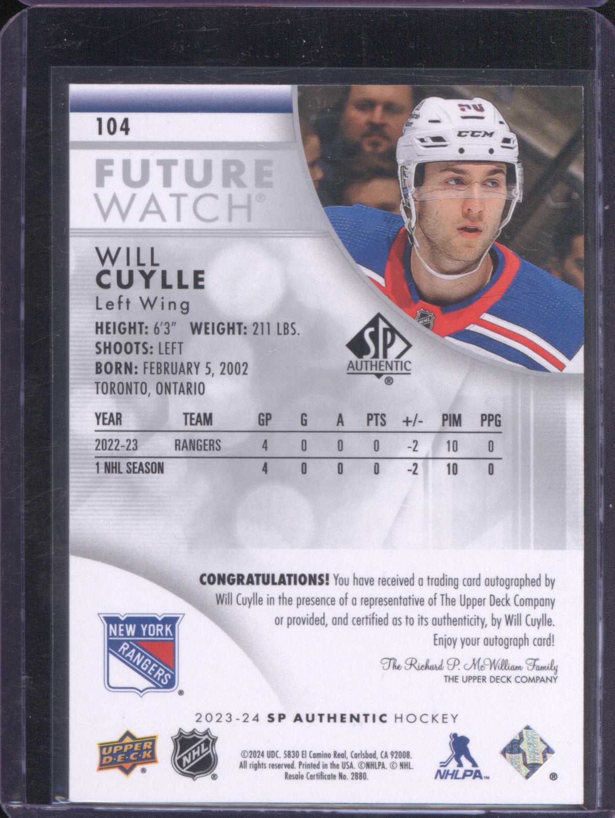 Will Cuylle 2023 SP Authentic 104 Future Watch Auto /999