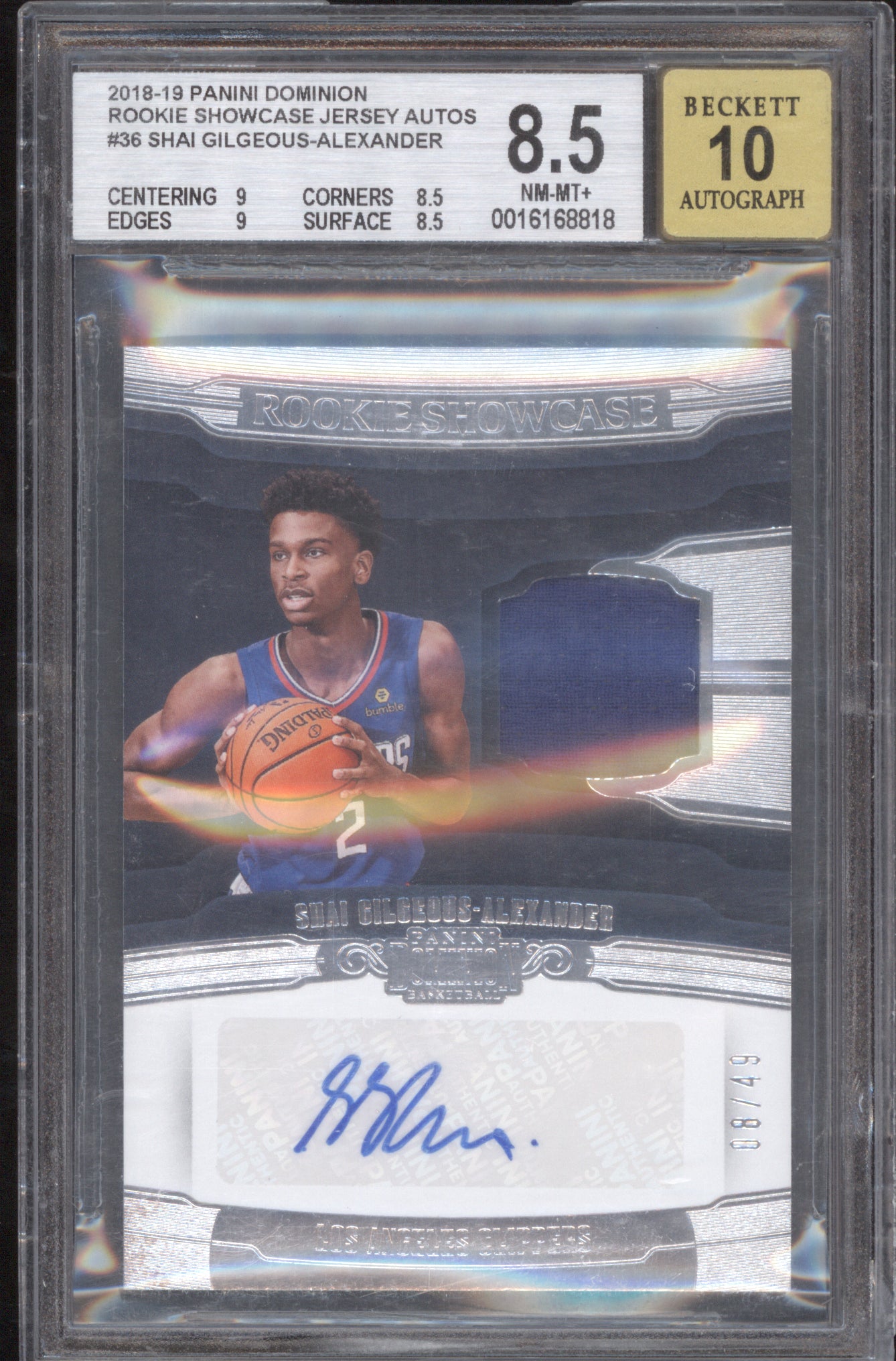 Shai Gilgeous-Alexander 2018-19 Panini Dominion Rookie Showcase Jersey Auto /49 BGS 8.5 AUTO 10