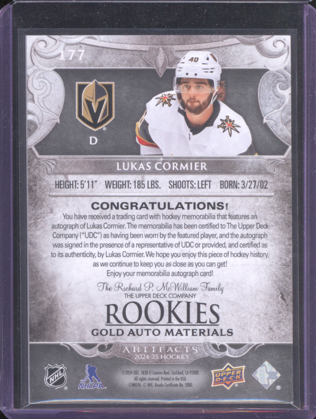 Lukas Cormier 2024 Upper Deck Artifacts 177 Rookies Base Auto Material Gold /199