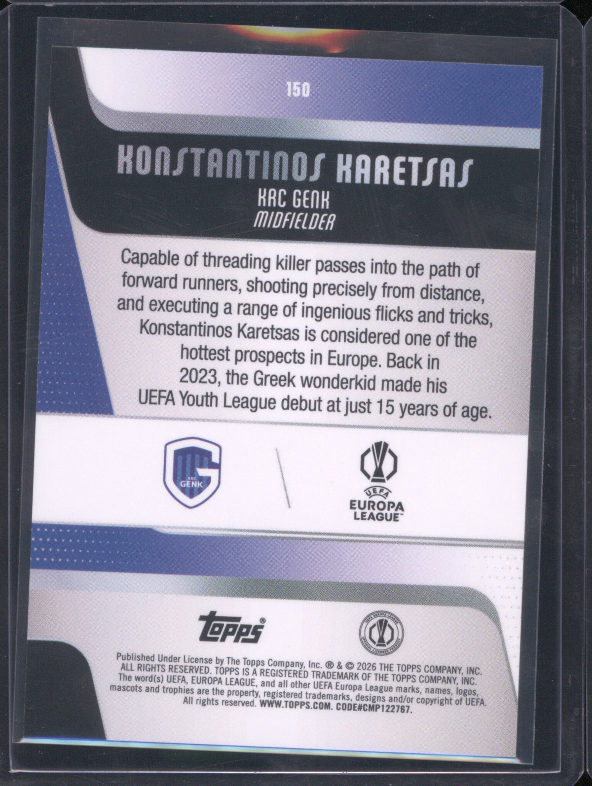 Konstantinos Karetsas 2025 Topps UEFA Club Competitions #150 Blue Raindrops /150 RC