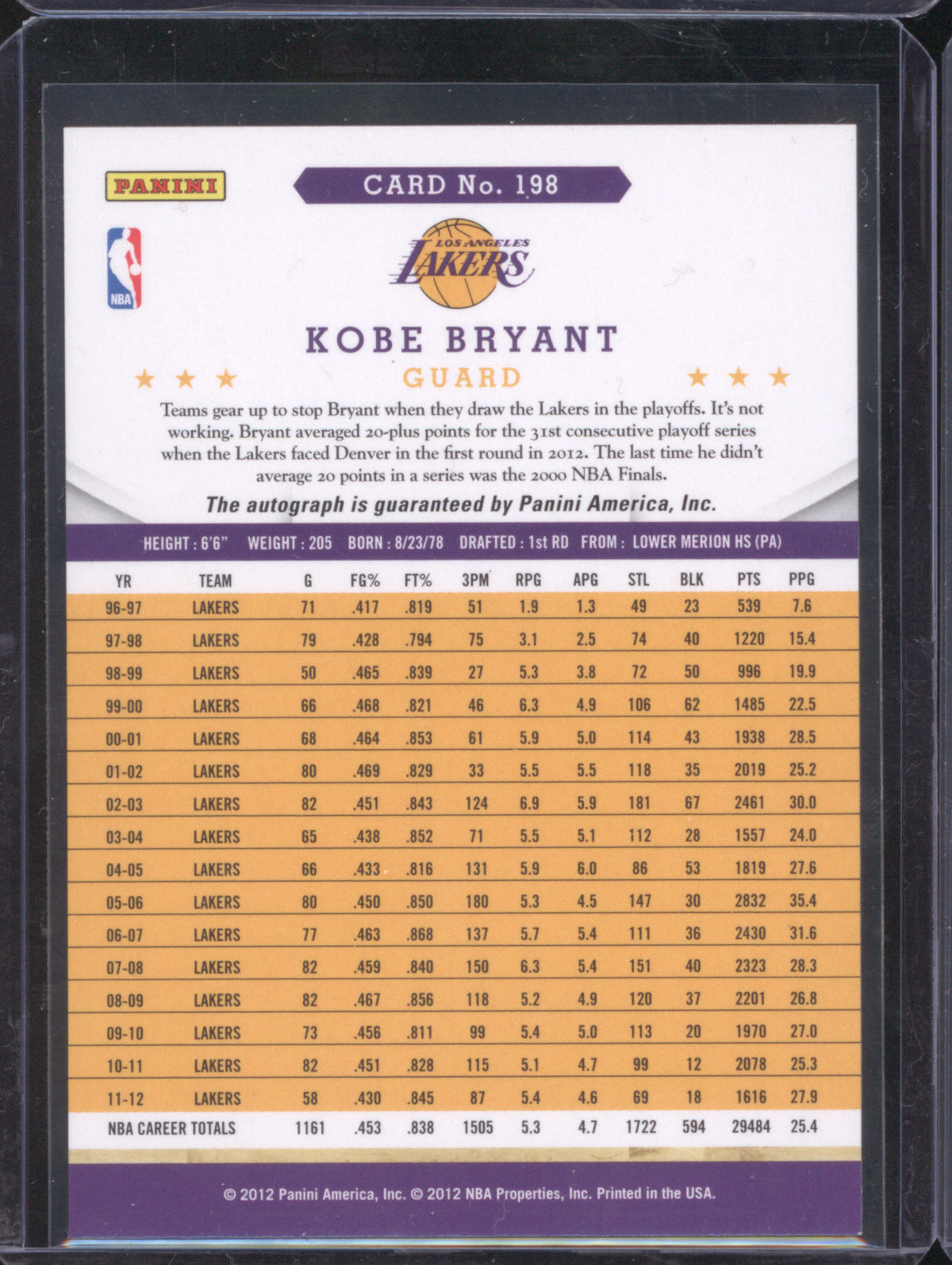 Kobe Bryant 2012 Panini NBA Hoops 198 Auto