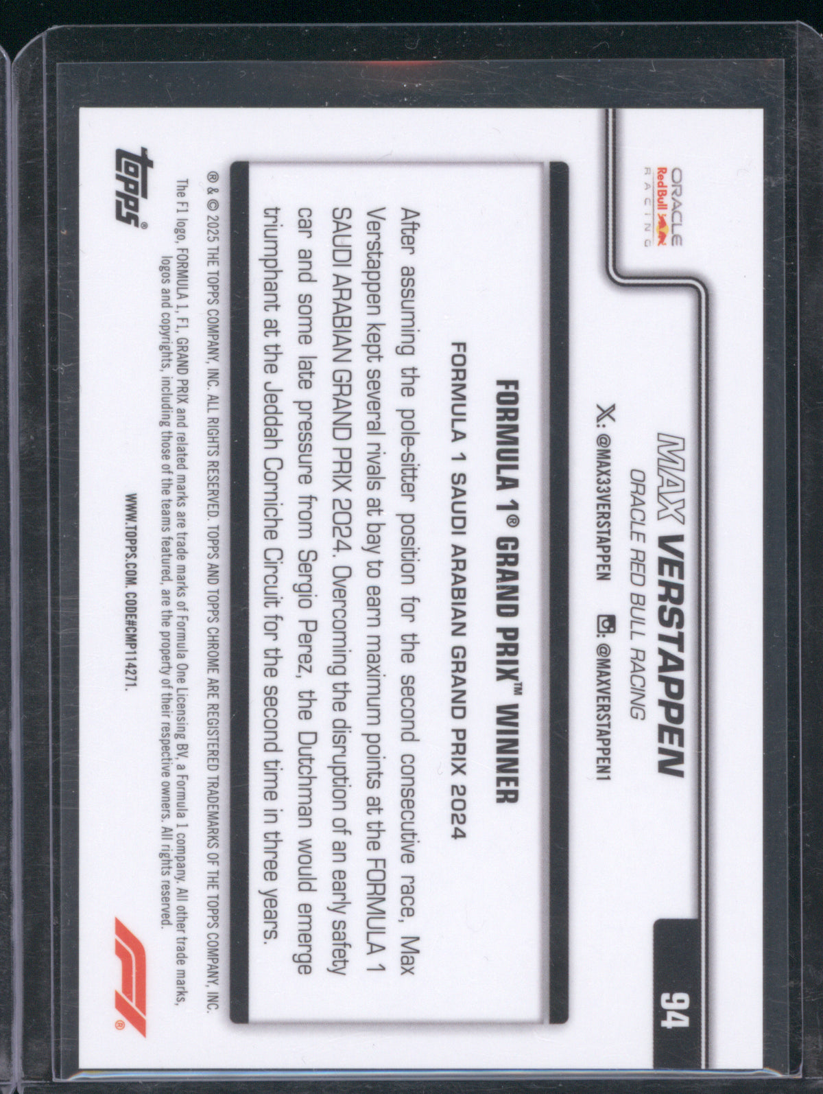 Max Verstappen 2025 Topps Chrome F1 #94 Grand Prix Winner Orange Checker Flag /25