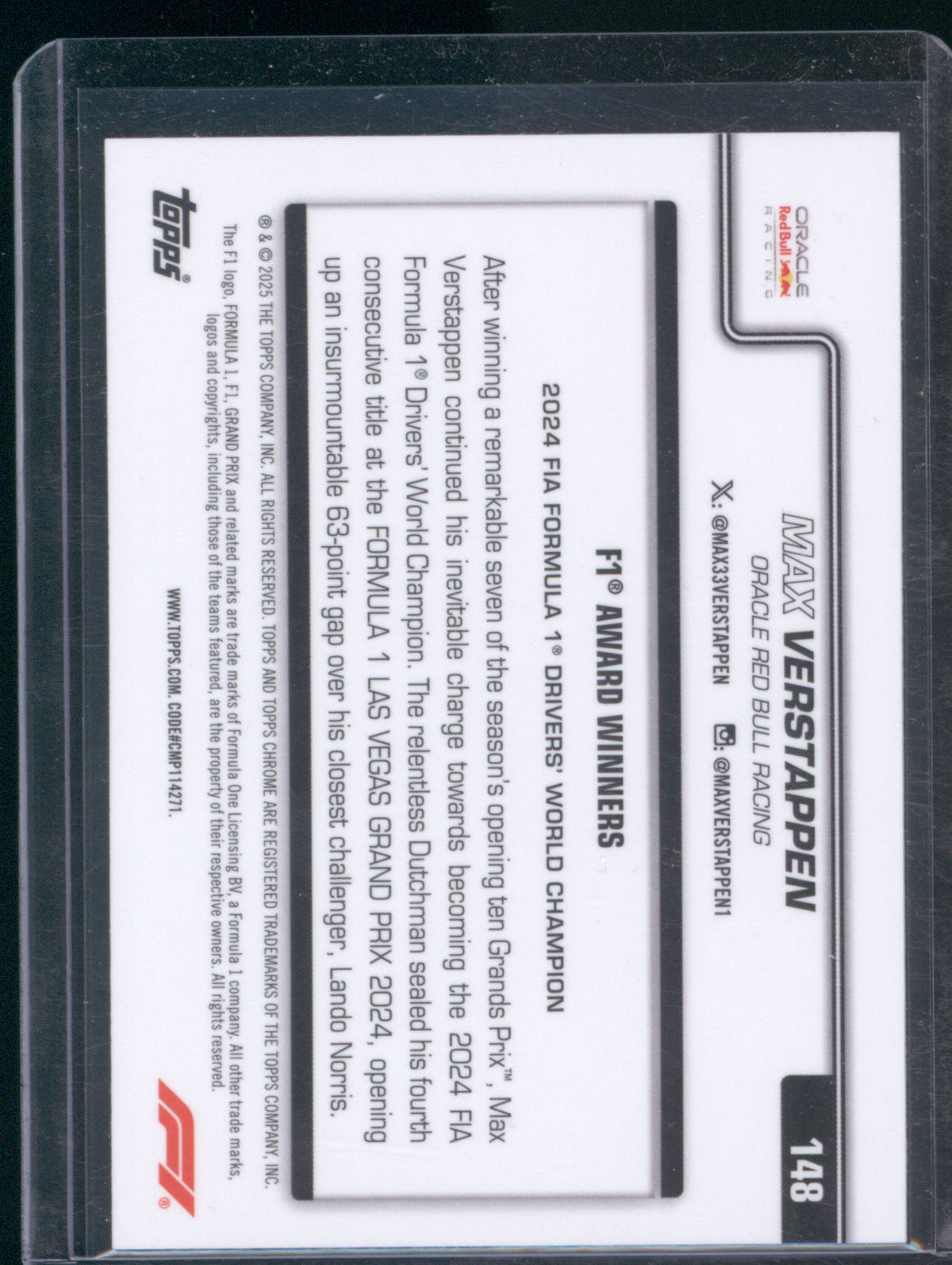Max Verstappen 2025 Topps Chrome F1 #148 Award Winners F1 75th Anniversary Refractor /75