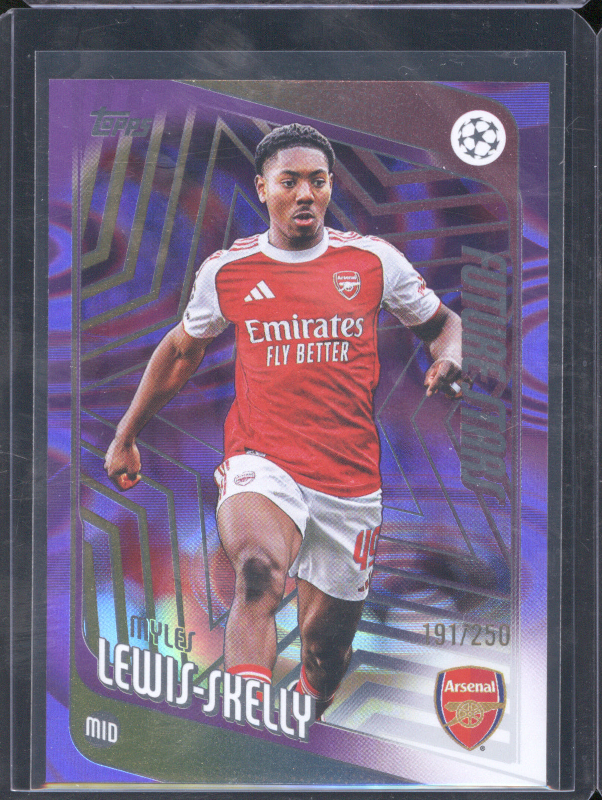Myles Lewis-Skelly 2025 Topps UEFA Club Competitions #52 Future Stars Purple Raindrops /250 RC