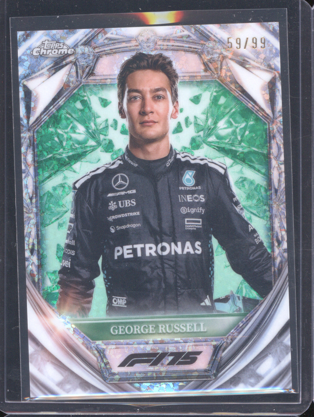 George Russell 2025 Topps Chrome Formula 1 #D75-7 75th Anniversary Green Mini Diamond Refractor /99