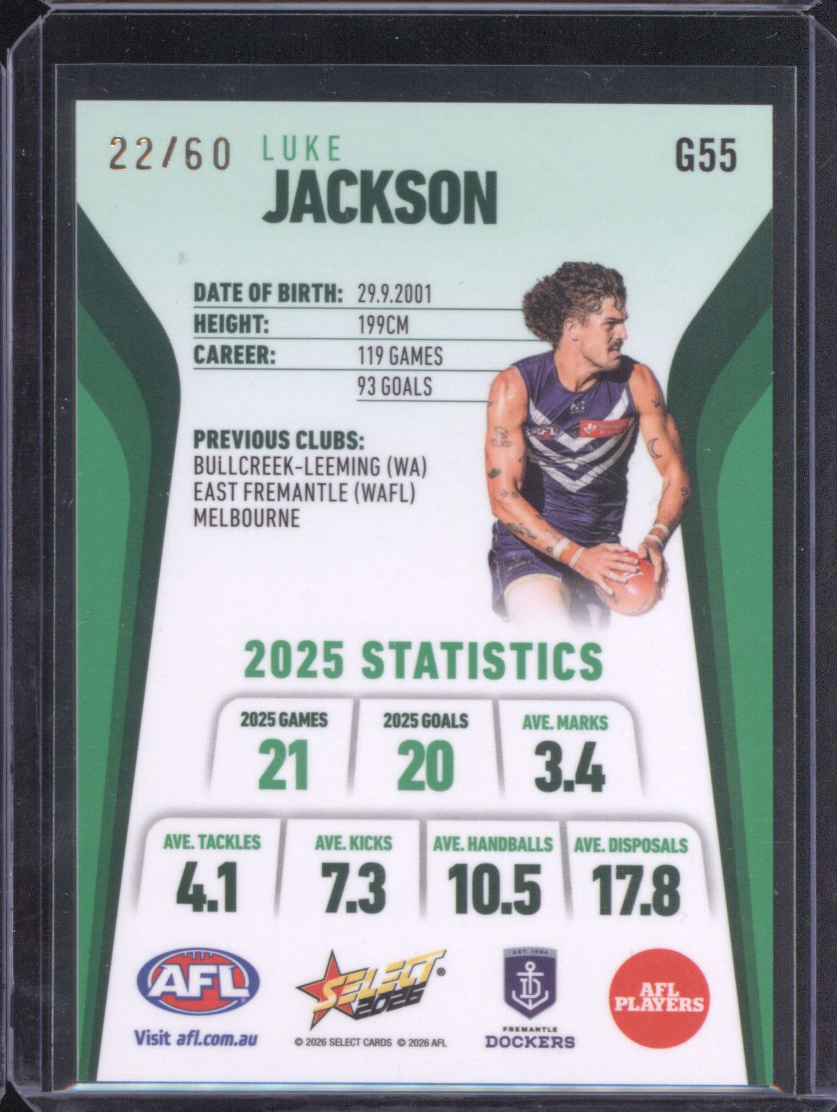 Luke Jackson 2026 AFL Select Footy Stars Hobby Base Green Foil G55 Fremantle 22/60