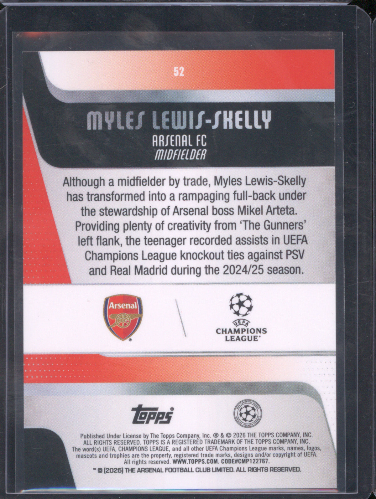 Myles Lewis-Skelly 2025 Topps UEFA Club Competitions #52 Future Stars Purple Raindrops /250 RC