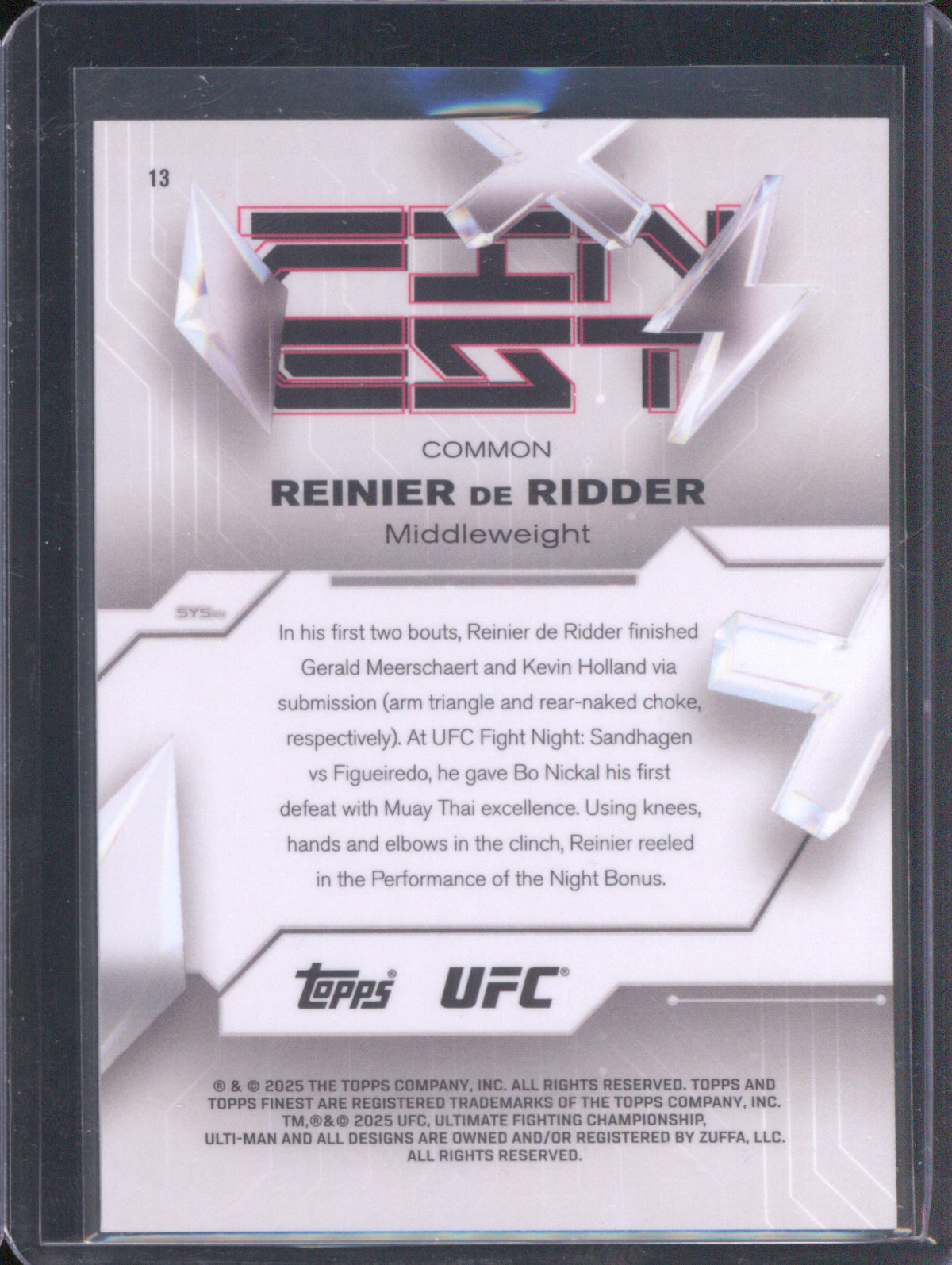 Reinier de Ridder 2025 Topps Topps Finest UFC #13 Refractors Checkerboard RC