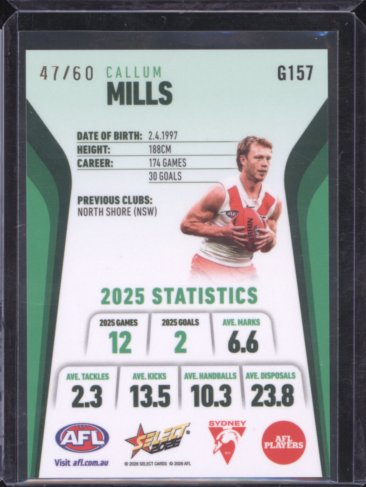Callum Mills 2026 AFL Select Footy Stars Hobby Base Green Foil G157 Sydney 47/60