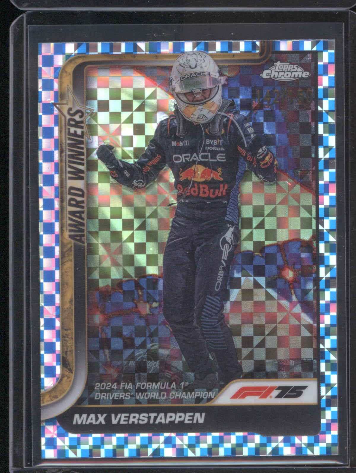 Max Verstappen 2025 Topps Chrome Formula 1 #142 Award Winners Blue Checker Flag /150