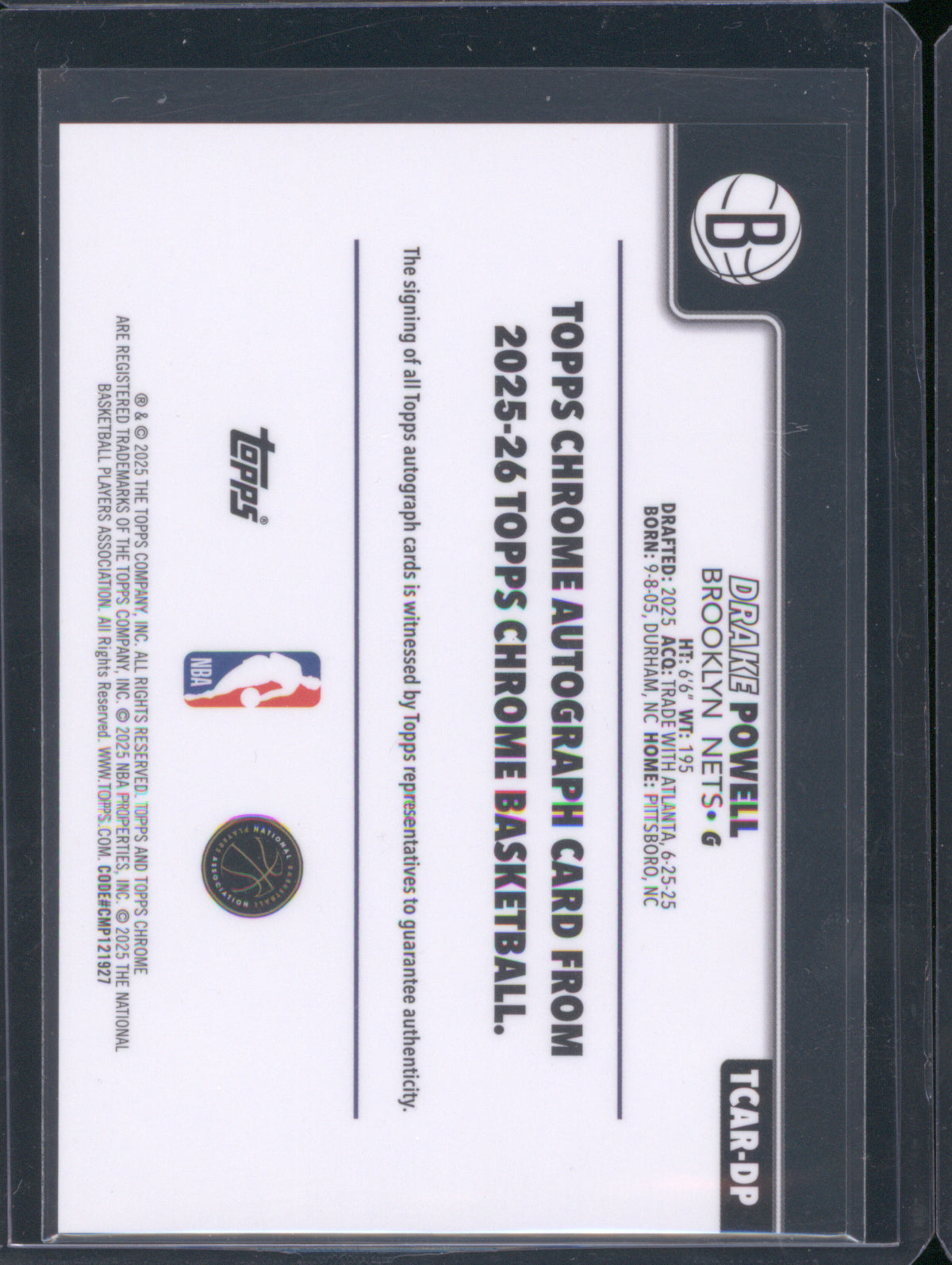 2025 Topps Chrome TCAR-DP Drake Powell Autograph Base RC