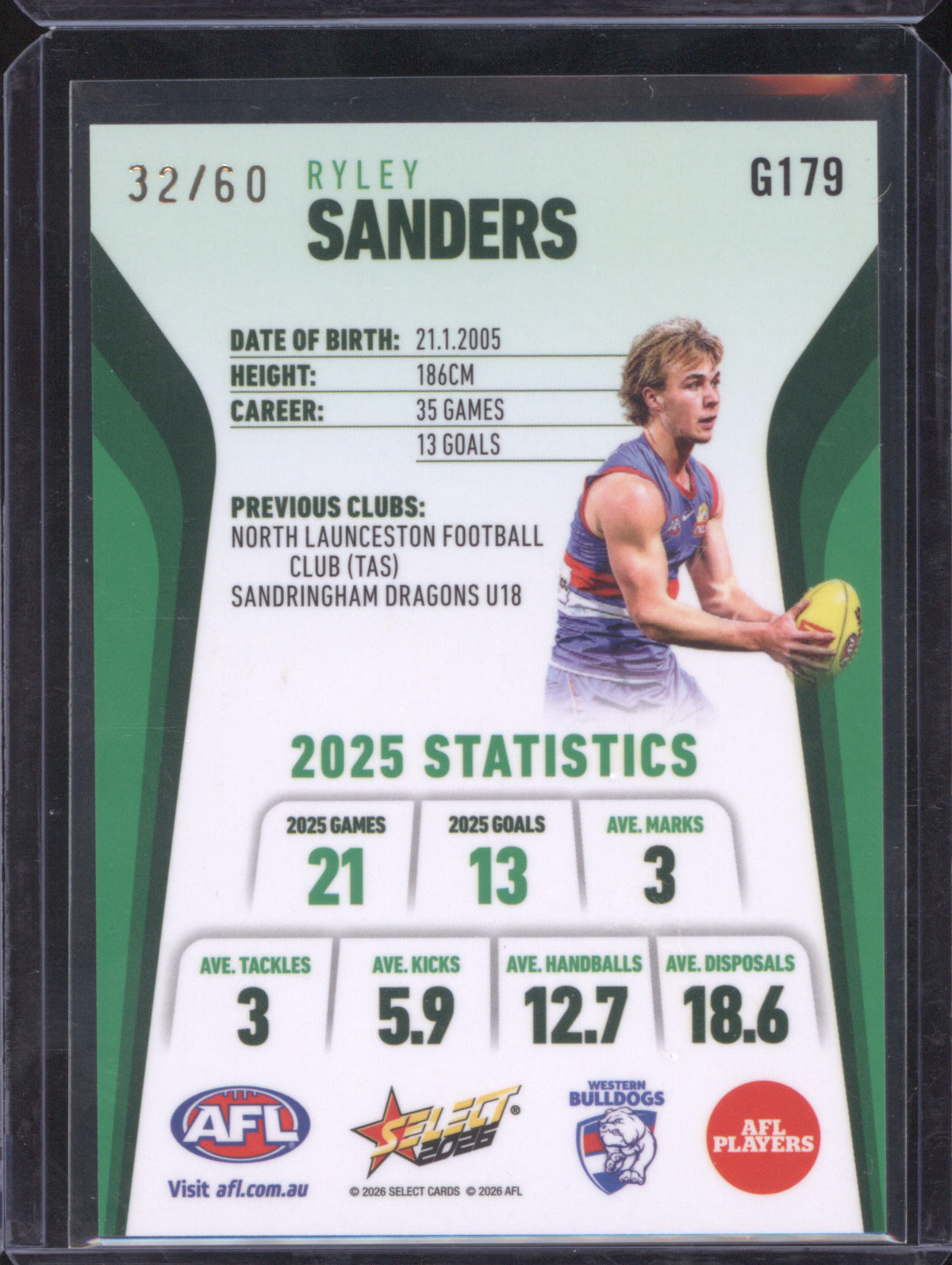 Ryley Sanders 2026 AFL Select Footy Stars Hobby Base Green Foil G179 Western Bulldogs 32/60