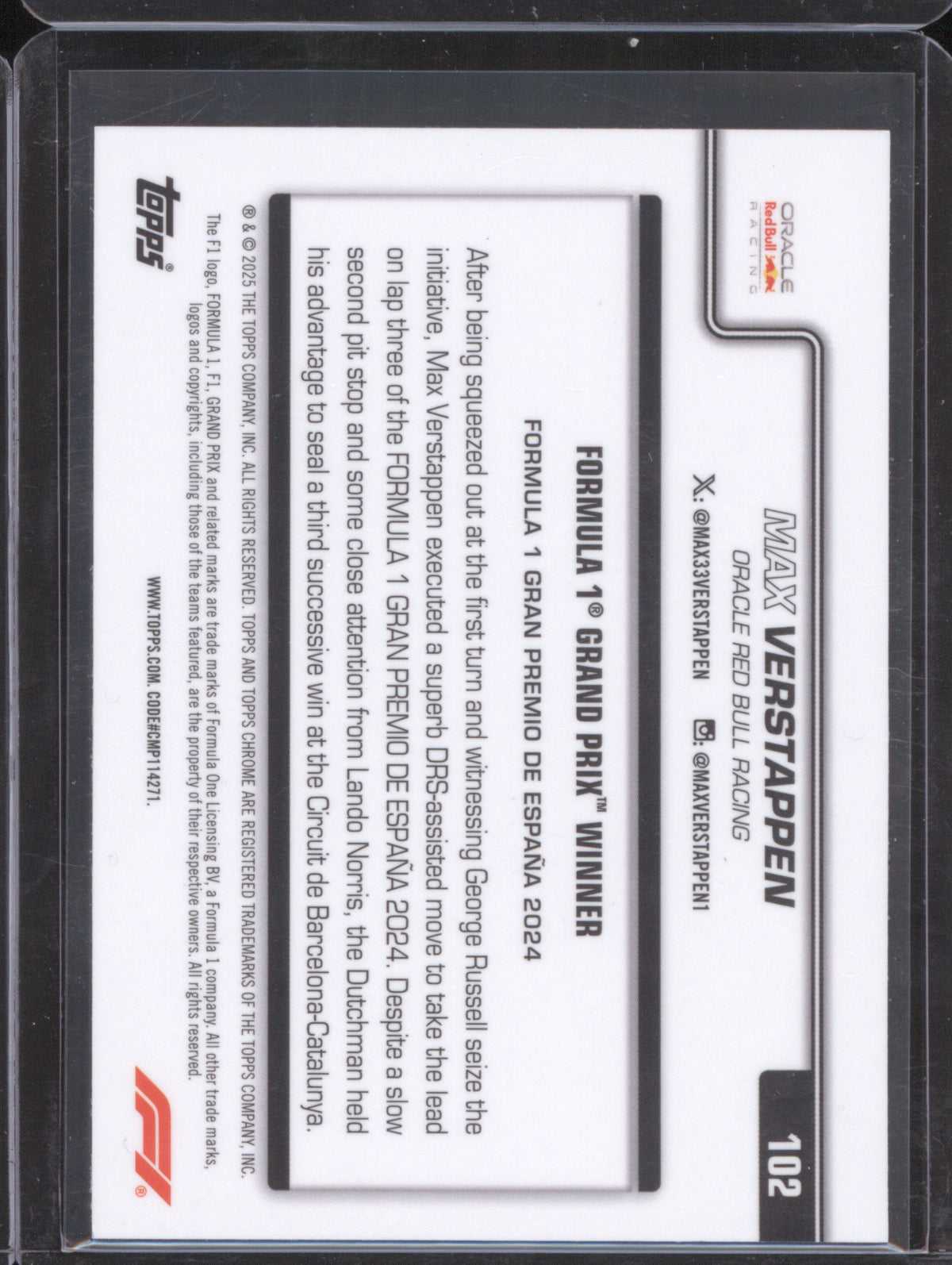Max Verstappen 2025 Topps Chrome Formula 1 #102 Grand Prix Winner Blue Checker Flag /150