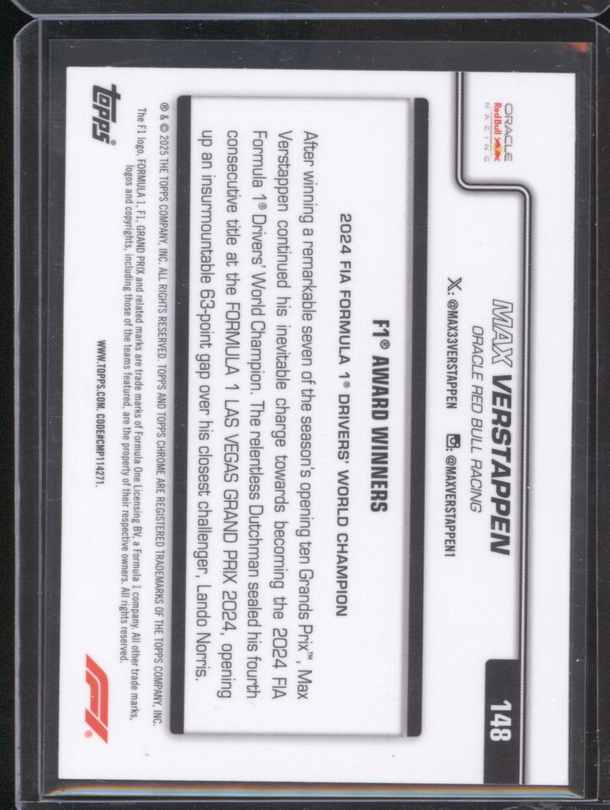 Max Verstappen 2025 Topps Chrome Formula 1 #142 Award Winners Blue Checker Flag /150