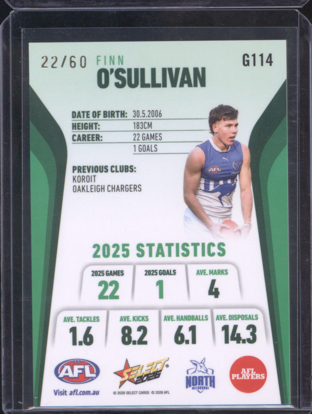 Finn O'Sullivan 2026 AFL Select Footy Stars Hobby Base Green Foil G114 North Melbourne 22/60