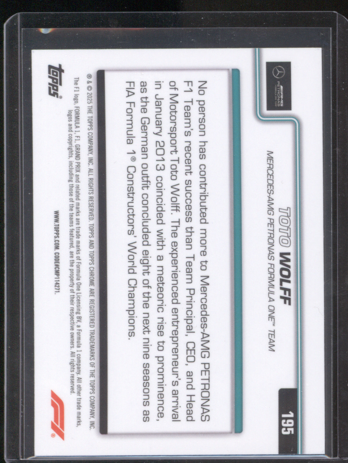 Toto Wolff 2025 Topps Chrome Formula 1 #195 Blue Checker Flag /150