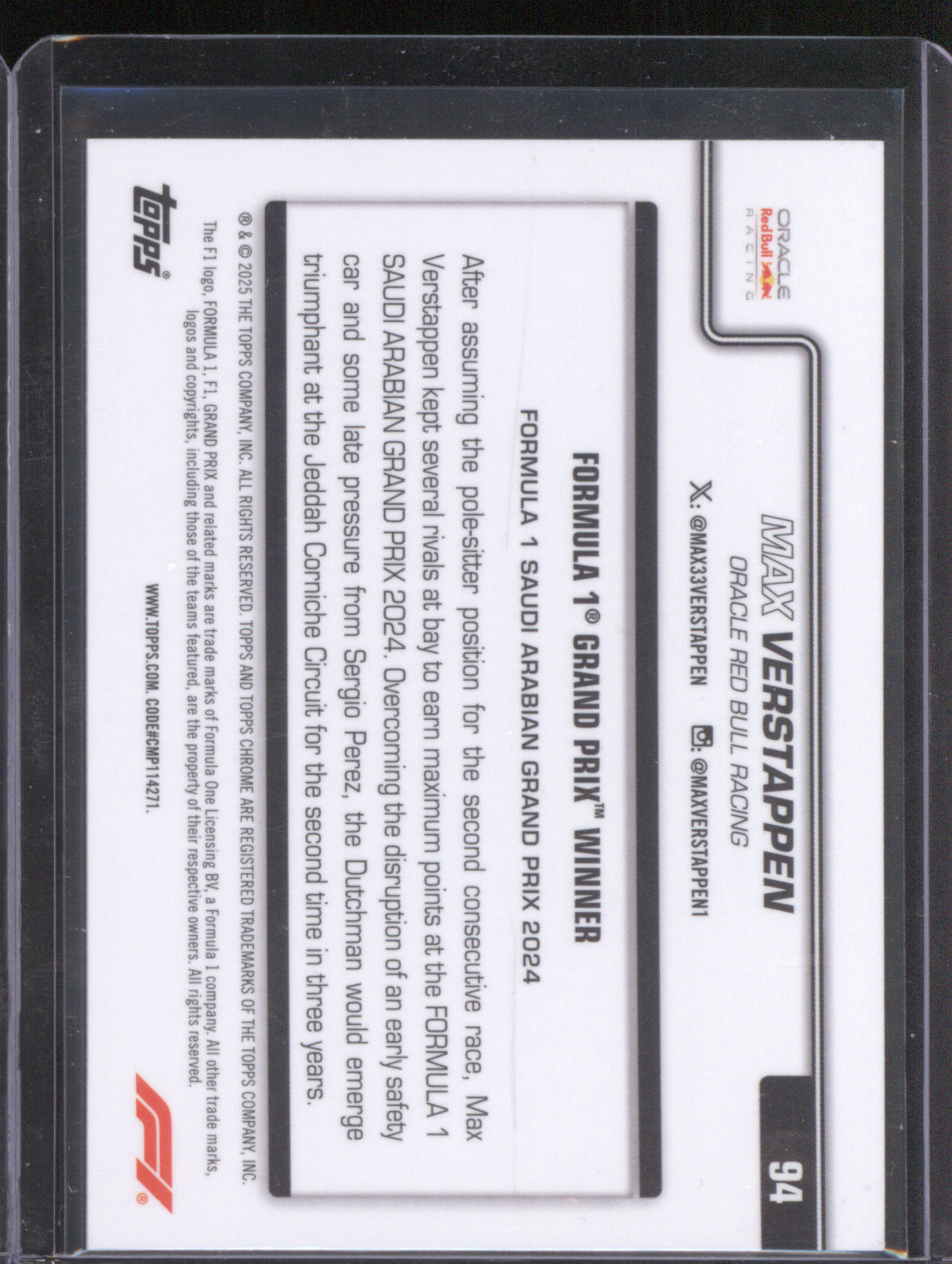 Max Verstappen 2025 Topps Chrome Formula 1 #94 Grand Prix Winner Aqua Checker Flag /199