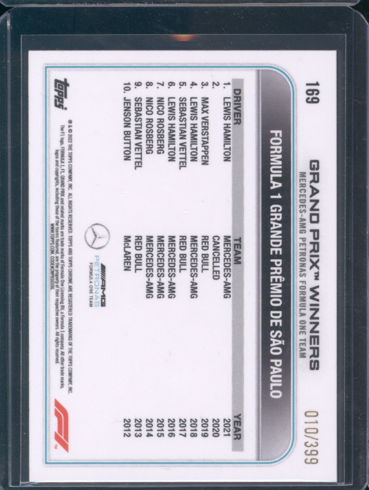 Lewis Hamilton 2022 Topps Chrome Formula 1 #169 Grand Prix Winner Purple Refractors /399