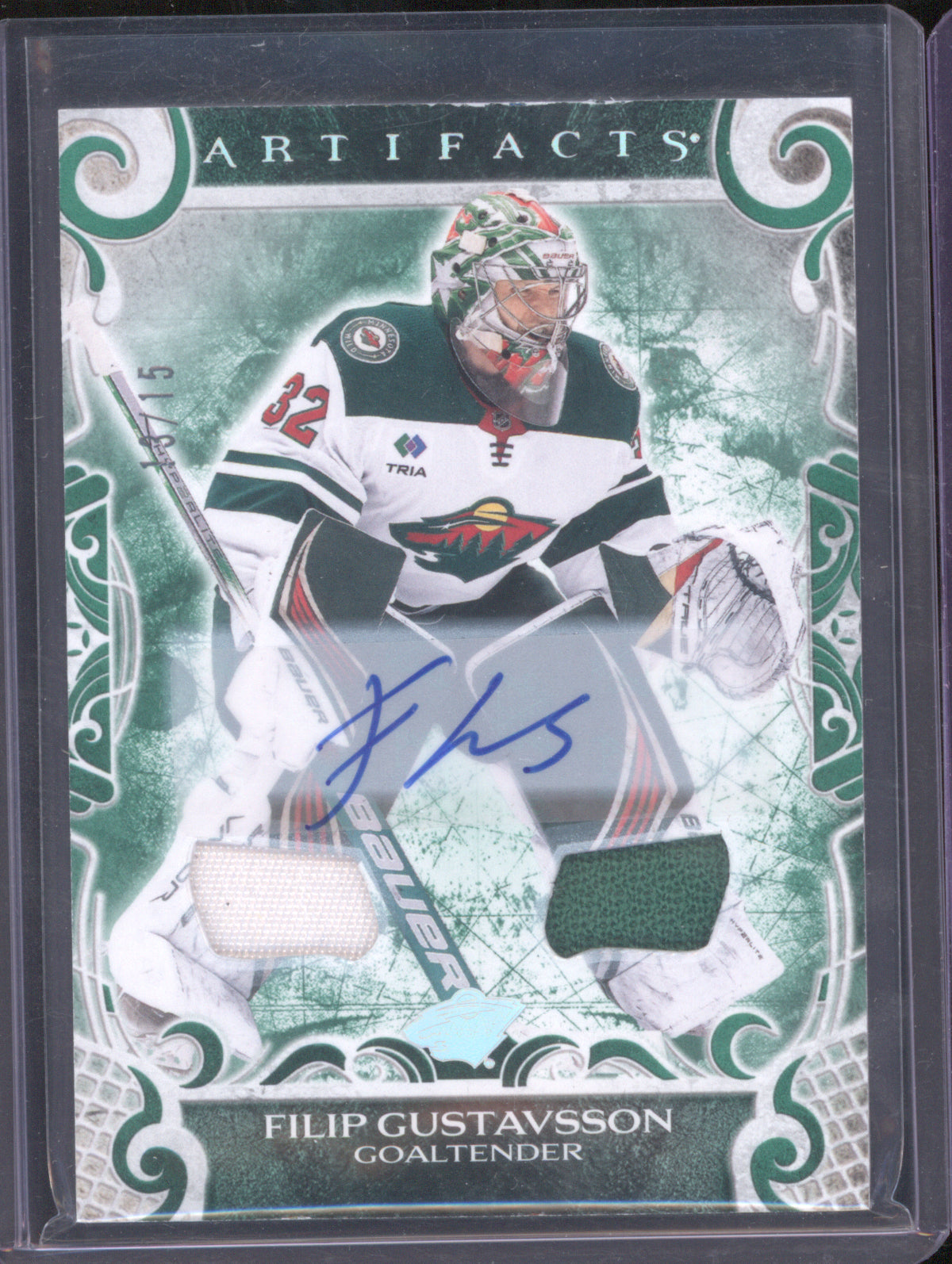 Filip Gustavsson 2024 Upper Deck Artifacts #110 Base Auto Material Emerald /15