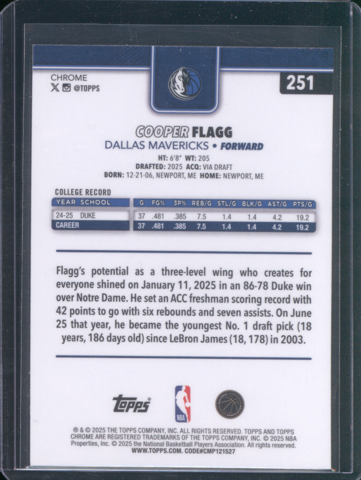 2025 Topps Chrome 251 Cooper Flagg Base RC