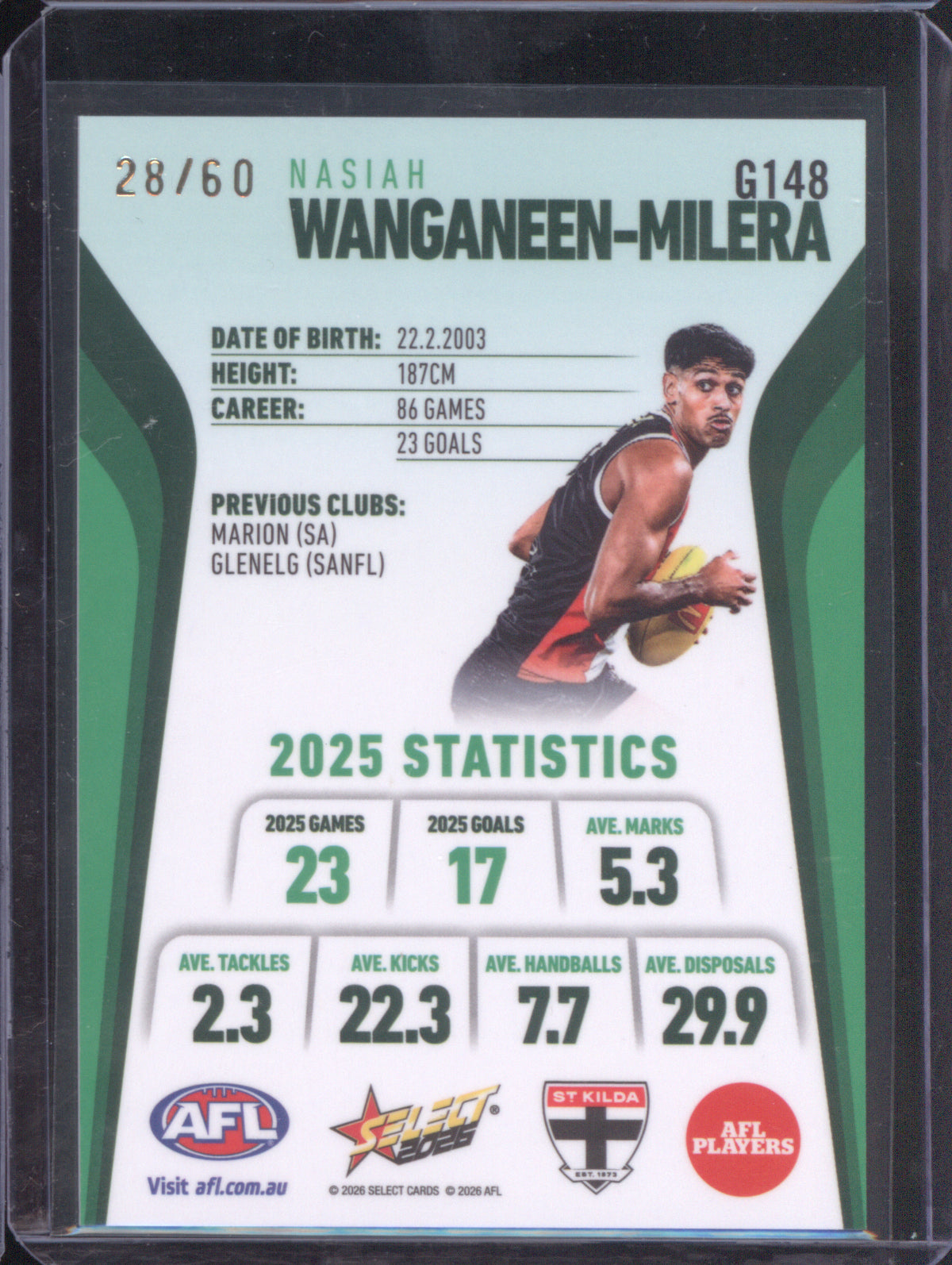Nasiah Wanganeen-Milera 2026 AFL Select Footy Stars Hobby Base Green Foil G148 St Kilda 28/60