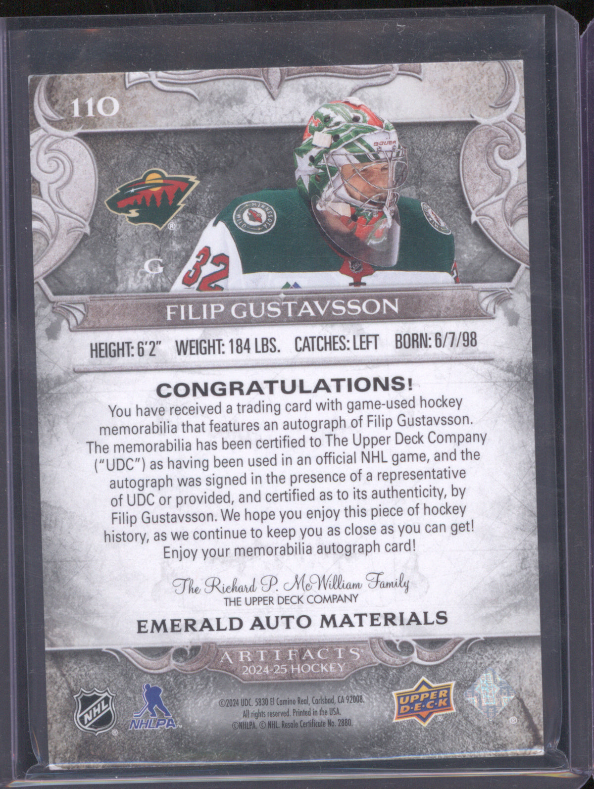 Filip Gustavsson 2024 Upper Deck Artifacts #110 Base Auto Material Emerald /15