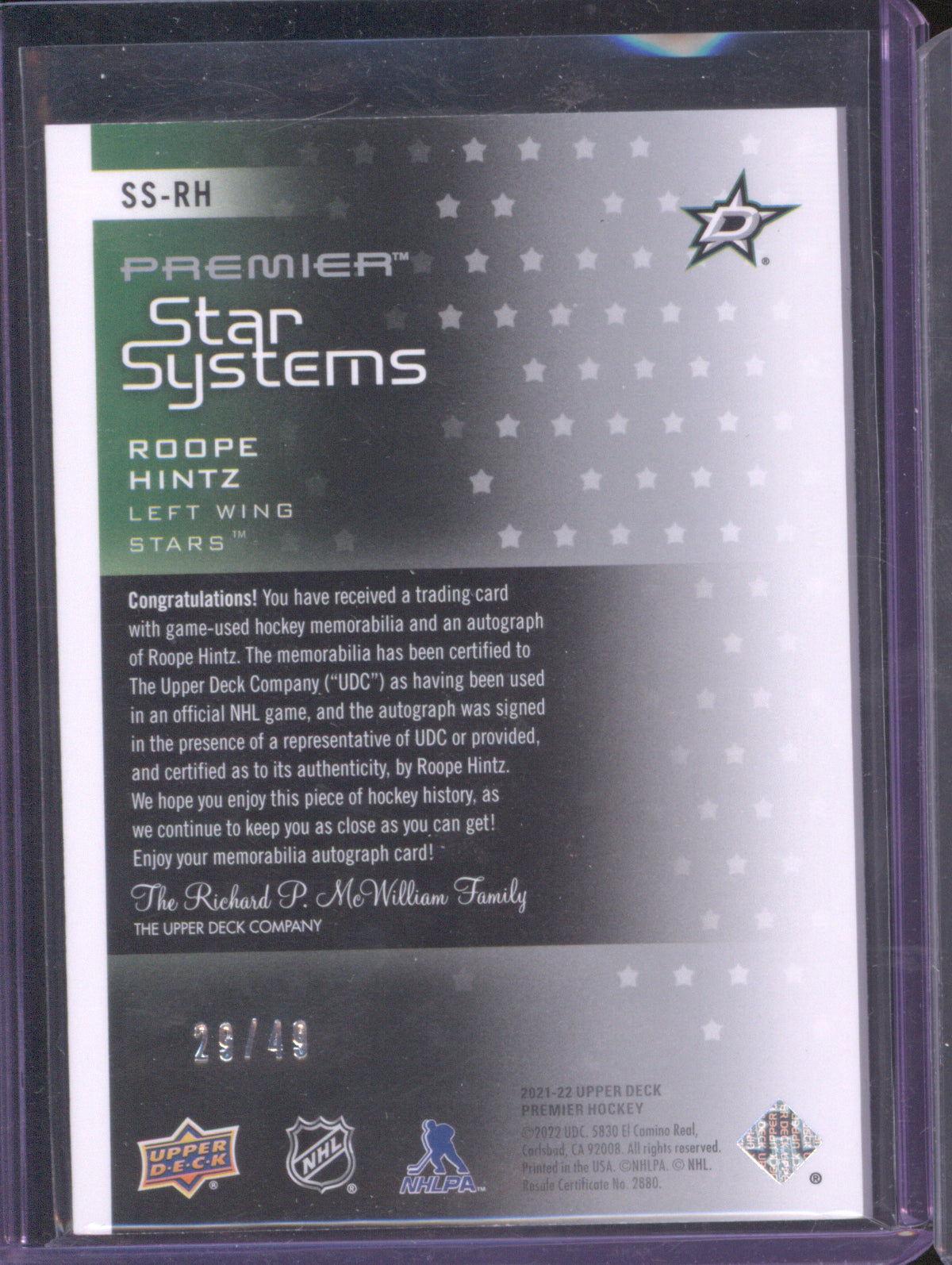 Roope Hintz 2021 Upper Deck Premier #SS-RH Premier Star Systems Patch Auto /49/49